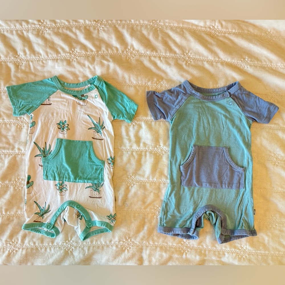 Kyte Baby Shortall Bundle - 3-6 Months Rompers - Succluent and Seafoam Slate